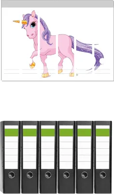 Produktbild von Wallario 6 Stück breite Ordner inkl. Klebeetiketten mit Motive Einhorn in rosa mit Schweif in lila -  Set mit Rückenschildern / Ordnerrücken Stickern