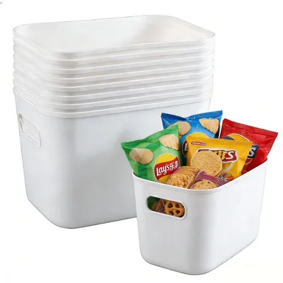 Image de Lot de 10 boîtes de rangement en plastique, organiseurs pour placards de cuisine, paniers de rangement en plastique avec poignées, boîtes de rangement blanches, adaptées à la salle de bains, à la cuisine et