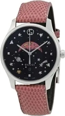 Produktbild von Gucci G Timeless Slim Moonphase Damenuhr Edelstahl silber rosa Lederarmband