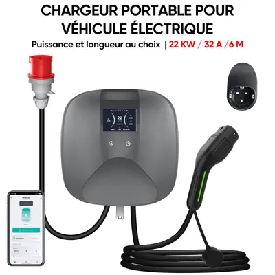 Image de Junsun Wallbox chargeur EV 22 kW 6-32 A 6 m prise Type 2 triphasé IP67 contrôle par application écran LCD