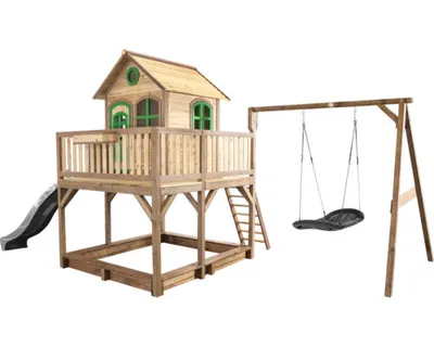 Immagine prodotto di AXI Liam casetta con sabbiera, altalena a nido e scivolo grigio | casa a palafitta XXL in legno marrone e verde per bambini | torre gioco con sabbiera, altalena a nido e scivolo grigio