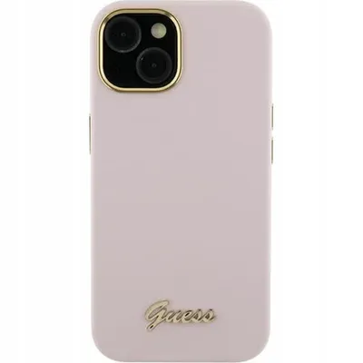 Productafbeelding van Guess siliconen hoesje met metalen logo en frame, model "Script", voor iPhone 15 Pro - Roze