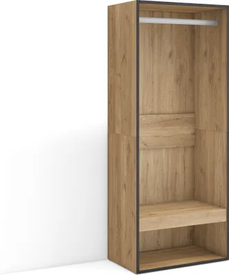 An empty open wardrobe with a hanging rail and shelves.