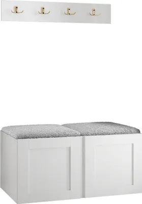 Produktbild von MIRJAN24 Garderoben-Set Orion Ramiro VI, Schuhschrank, Kleiderhakenbrett, 2x Sitzpaneel 42x42, Metallgriffe, 4 Kleiderhaken (Farbe: Weiß, Abriamo 06)
