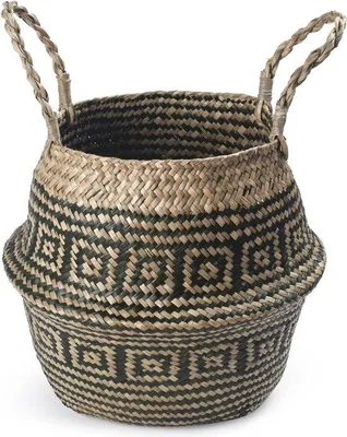 Produktbild von Opvouwbare Geweven Plantenpot mit Griffen - Großer Seegras-Unterputz für Aufbewahrung - Waschbecken und Spielzeug - 27 x 24 cm - Schwarze Streifen