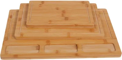 Image de Ensemble de planches à découper en bambou - Planches à découper pour la cuisine - Préparation des aliments - Avec rainure pour recueillir les jus - Lot de 3 - Naturel