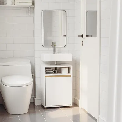 SoBuy Waschbeckenunterschrank BZR222-W im modernen Badezimmer mit WC und Spiegel