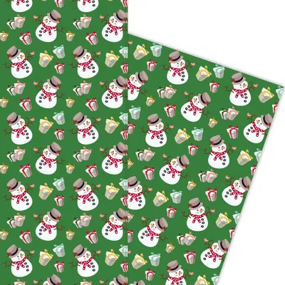 Produktbild von Lustiges Weihnachts Geschenkpapier mit Schneemännern und Geschenken, grün - G5975, 32 x 48cm