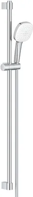 A chrome shower head and rail set against a white background.