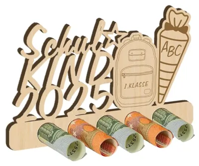 Produktbild von Geldgeschenk aus Holz für Schulkinder, Aufsteller für den ersten Schultag, Design für die 1. Klasse mit ABC, Schulkegel mit der Zahl 123, Geldgeschenke zum Bemalen für den Schuljahresbeginn, Geschenkidee zur Einschulung