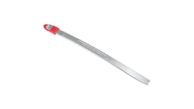 A single tire lever with a red protective cap on one end, lying diagonally on a white background.