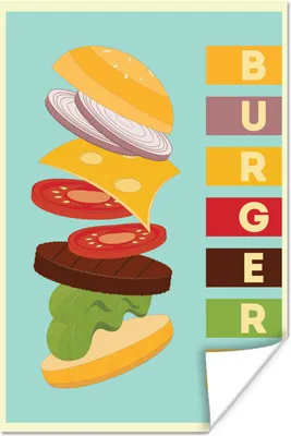 Produktbild von MuchoWow® Poster Burger - Vintage - Mannshöhle - Blau - Fastfood 120x180 cm - Kunstposter