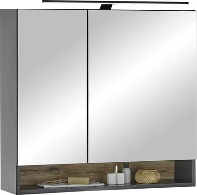 Obrázek produktu pro Badezimmerspiegelschrank >Denver< LED, Steckdose, schwarz matt / evoke eiche Imitace - 80x75x22cm (BxHxT)