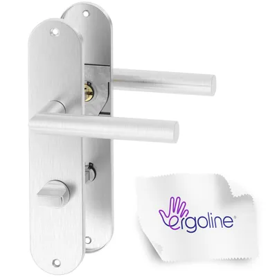 A pair of stainless steel door handles with a lock mechanism and a cleaning cloth with a logo.
