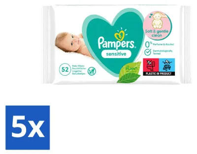 Productafbeelding van 5 pakken Pampers Sensitive babydoekjes - 52 stuks per pak - voordeelverpakking - 5 stuks