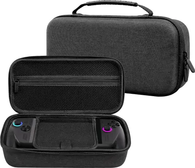 A dark gray carrying case for a handheld gaming device is shown open and closed.