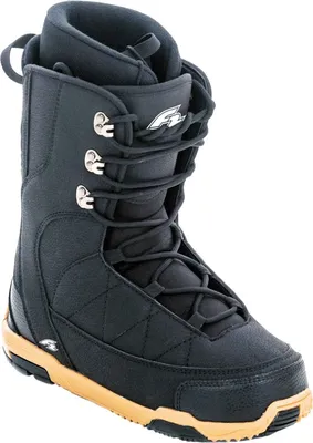 A single black snowboard boot shown from a three-quarter angle against a white background.