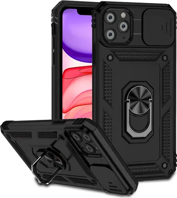 Image de Étui pour iPhone 11 Pro étui double couche avec couvercle coulissant pour appareil photo et support annulaire noir