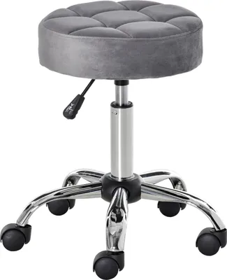 Produktbild von Salonstuhl mit Rädern Rollhocker höhenverstellbar, drehbar, Samt-Touch, Chrom-Basis, Grau, 35x35x49-61cm