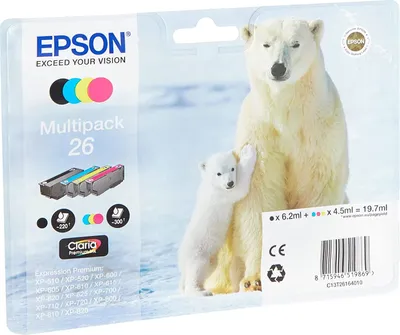 Produktbild von Epson Polar bear Multipack 4 Farben 26 Claria Premium Ink, Schwarz, Cyan, Magenta, Gelb, Tinte auf Pigmentbasis, Tinte auf Farbstoffbasis, 6,2 ml, 4,5 ml, 1 Stück(e)