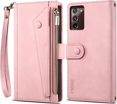 Produktbild von Schutzhülle für Samsung Galaxy Note 20/Note 20 5G Reißverschluss Hülle, Leder Klapphülle Kartenfach Standfunktion Brieftasche mit Trageband Rosa