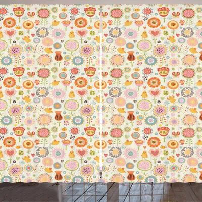 Produktbild von ARANDE Blumen Gardine, Schmetterlinge Vögel und Bienen mit blühenden Blumen Motive Doodle Stil Illustration, 280 x 225 cm, Mehrfarbig