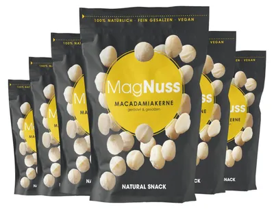 Zdjęcie produktu dla MagNuss Macadamias | prażone i solone orzechy makadamia, opakowanie zbiorcze 6 x 125 g | wegańskie, bezglutenowe