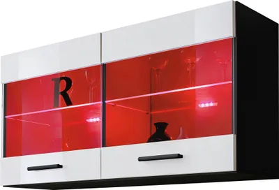 Produktbild von Komodee | Vitrine Schrank mit 2 Türen Savona, Korpus Schwarz Matt Frontfarbe Weiß Hochglanz, LED RGB