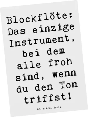 Produktbild von Mr. & Mrs. Panda Postkarte Spruch Blockflöte Freude - Weiß - Geschenk, bildkarte, Grußkarte, Tenorblockflöte, Musikinstrument, Altblockflöte, Sopranblockflöte, Postkarten