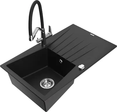 Produktbild von Mexen Cesar 1 Becken-Granitspüle mit Abtropffläche und Mischbatterie Duo, Schwarz - 6514-77-671701-07