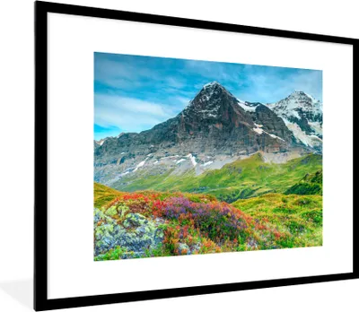 Produktbild von MuchoWow® Gerahmtes Poster Blumen - Berge - Schnee - Landschaft 80x60 cm - Poster mit Schwarzem Bilderrahmen Wandposter Rahmen Foto Bilder - Schlafzimmer-Dekorationen - Fotoposter
