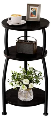 Produktbild von Runder Beistelltisch, Kleiner Tisch mit 3 Ebenen, Nachttisch, Kaffeetisch, Sofatisch für Wohnzimmer und Schlafzimmer, Metall, modern (Schwarz)