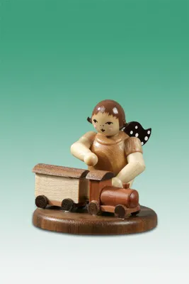 Produktbild von Holzfigur Engel mit Eisenbahn und Krone natur Höhe 6,5cm NEU