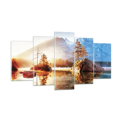 Produktbild von Bilder auf glas - 5 Teile - Morgendämmerung Berge See - 160x85cm - Glasbilder - Wandbilder - Bilder - zum Aufhängen bereit - Wanddekoration aus Glas - Glas Bilder - Wandbild auf Glas - GEA160x85-4617