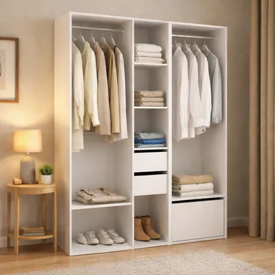 Image de Celestin - Grande Armoire, 158x205h cm Blanc, Porte-manteaux
