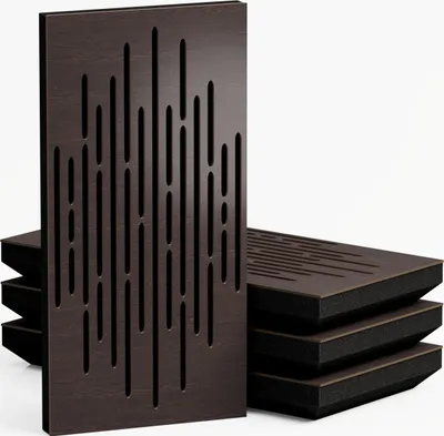 A stack of dark brown acoustic panels with a decorative slotted pattern, presented against a white background.