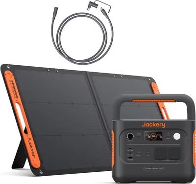 Produktbild von Jackery E1000 v2 Tragbare Powerstation mit 100W Solarpanel mit 5M DC Solarpanel Verlängerungskabel, 1070Wh LiFePO4 Solargenerator,1 Std. Schnellladung