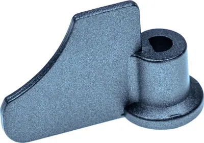 A close-up studio shot of a gray dough hook for a bread maker.