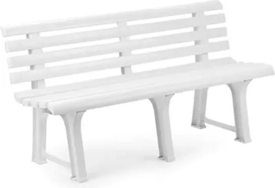 A white plastic garden bench.