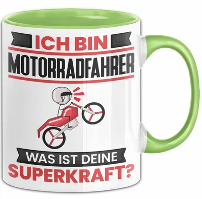 Produktbild von Motorradfahrer Tasse Geschenk für Motorradfahrer Geburtstag Lustiger Spruch Kaffee-Becher Was Ist Deine Superkraft (Grün)