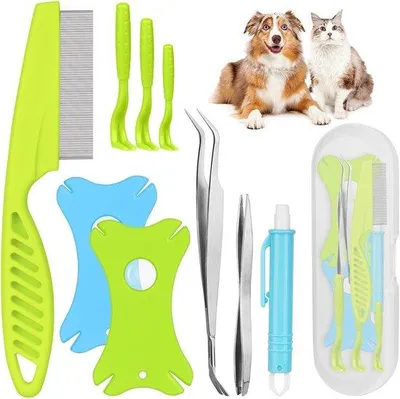 Produktbild von Zeckenentferner Set, 10-teilig mit Pinzetten, Zeckenhaken und Lupe - für Hunde und Katzen
