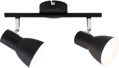A black metal ceiling light with two adjustable spotlights.