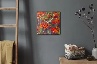Produktbild von Coloray Hodiny Unikátní 30x30 cm  Tiché hodiny Pro obývací pokoj a kuchyň Nástěnné hodiny Plátno Bílé ručičky hodin - Květiny mák Květy