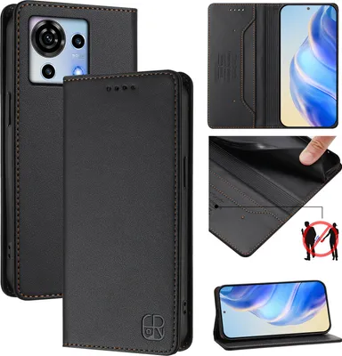 Image de Etui en cuir pour ZTE Blade V50 Vita, étui à rabat avec fentes pour cartes, portefeuille et support Noir