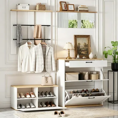 Productafbeelding van Garderobeset met schoenenkast en spiegel, 156x36x176 cm, wit en houtkleurig, met lade, draaideuren en een metalen kledingroede, geschikt voor de entree