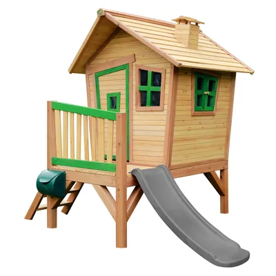 Produktbild von AXI Spielhaus Robin mit grauer Rutsche | Stelzenhaus in Braun & Grün aus  Holz für Kinder | Spielturm für den Garten