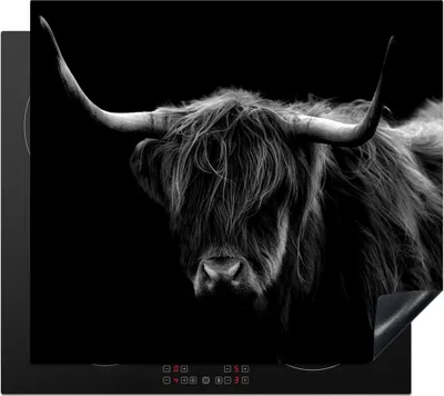 Produktbild von KitchenYeah© Herdabdeckplatte Schottischer Highlander - Hörner - Schwarz - Tiere - Natur - Wild - Kuh , 60x52cm, Küche Deko, Glaskeramikkochfeld Herdabdeckung, Abdeckplatte fùr Kochfeld