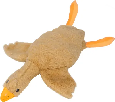 A plush toy duck lying on a white background.