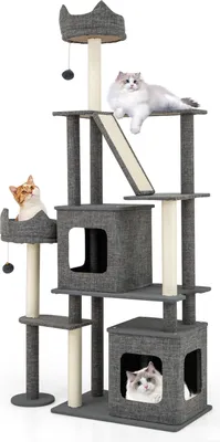 Produktbild von COSTWAY Kratzbaum groß 180cm, Katzenbaum mit 2 Höhlen, Plattformen, Katzenbett, Sisalpfosten, Ball & Leiter und Sisalbrett, Katzenkratzbaum, Grau