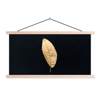 Produktbild von MuchoWow® Textilposter Schwarz und Gold - Blätter - Schwarz - Pflanzen - Luxus 60x30 cm mit holzfarbenen Rahmen - Dekoration